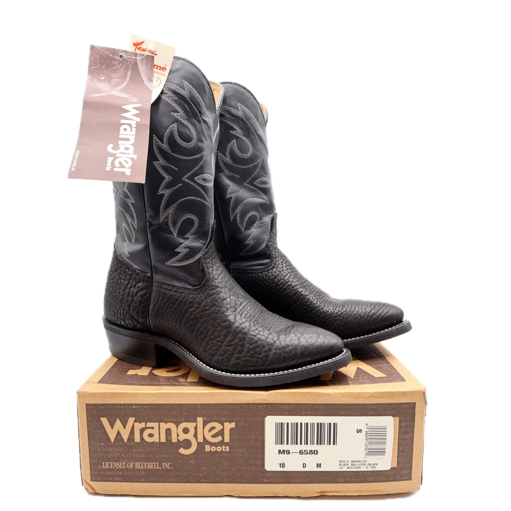 Vintage Wrangler Boots Mens 10 D USA Black Bullhide Leather Cowboy NIB M9-6580