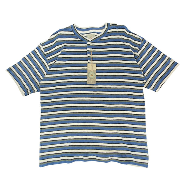Ferruche Henley Shirt Mens Large Vintage 90s Indigo Blue Striped Cotton Terry