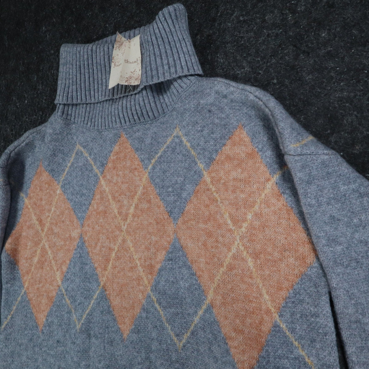 Hem & Thread Argyle Turtleneck Sweater Womens Small Gray Orange Knit Style 30984