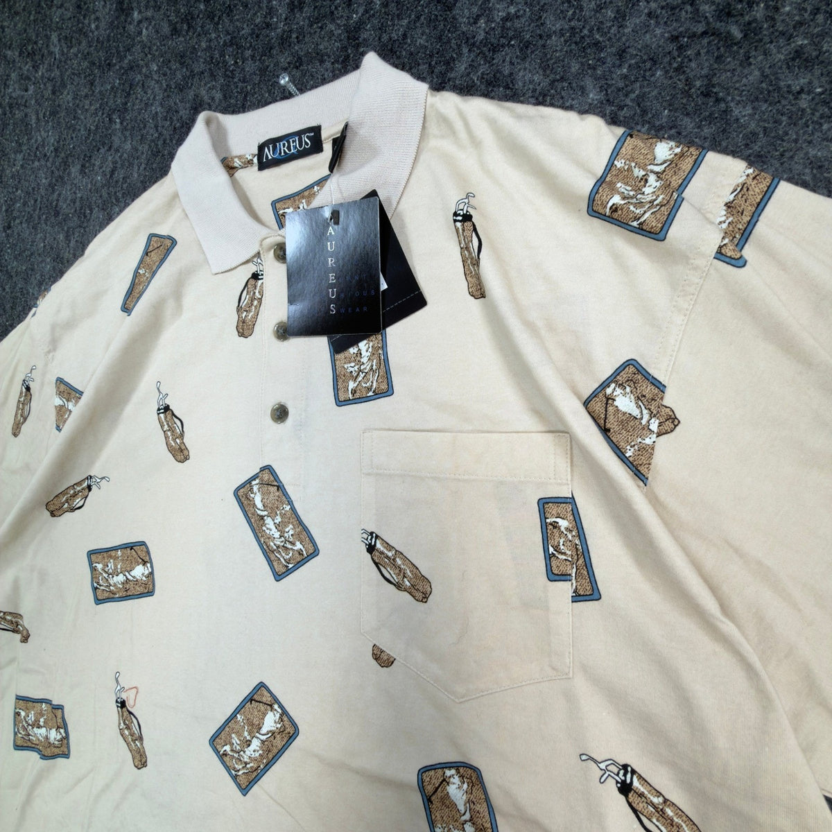 Aureus Polo Shirt Mens Large Vintage 90s Beige Mercerized Cotton Golf Print New