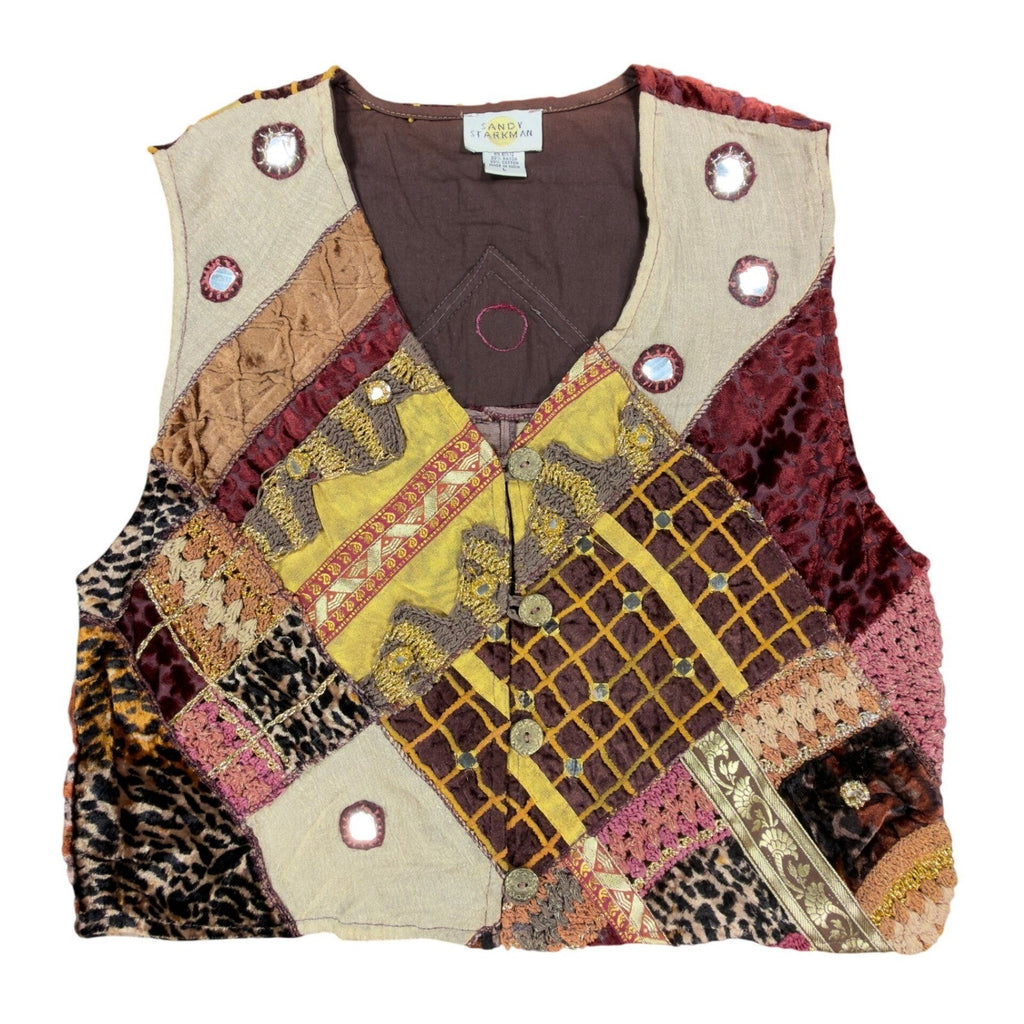 Sandy Starkman Vintage 90s Patchwork Vest Women Large Brown Velvet NWT C636 - take2supply