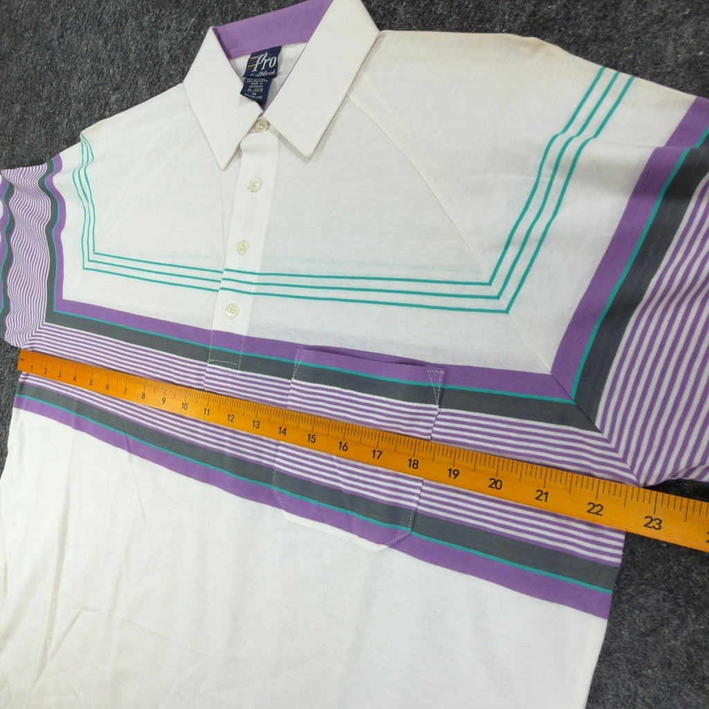 The Pro by Block Polo Shirt Mens Medium Vintage 90s White Purple Striped Pocket