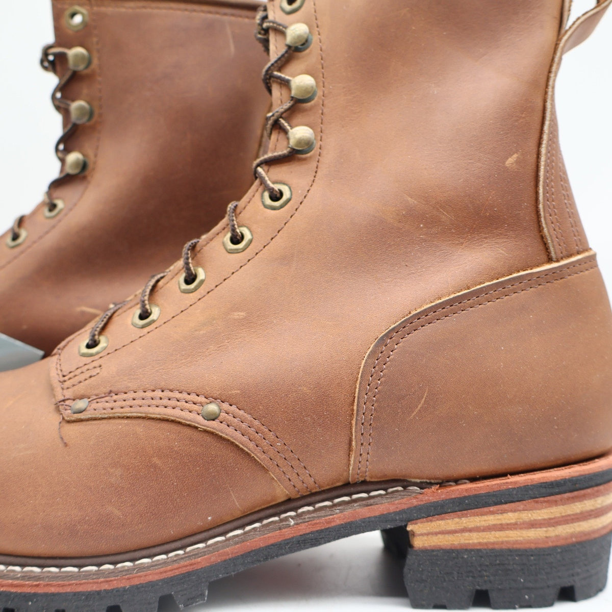 Close-up of Carolina boot heel counter stitching and stacked leather heel