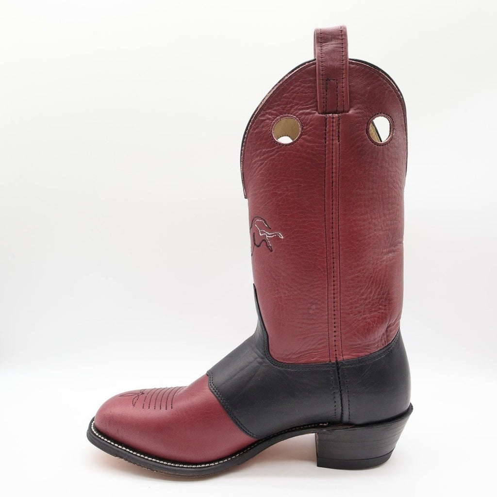 Inner side profile of Double-H burgundy and black leather cowboy boot with round toe