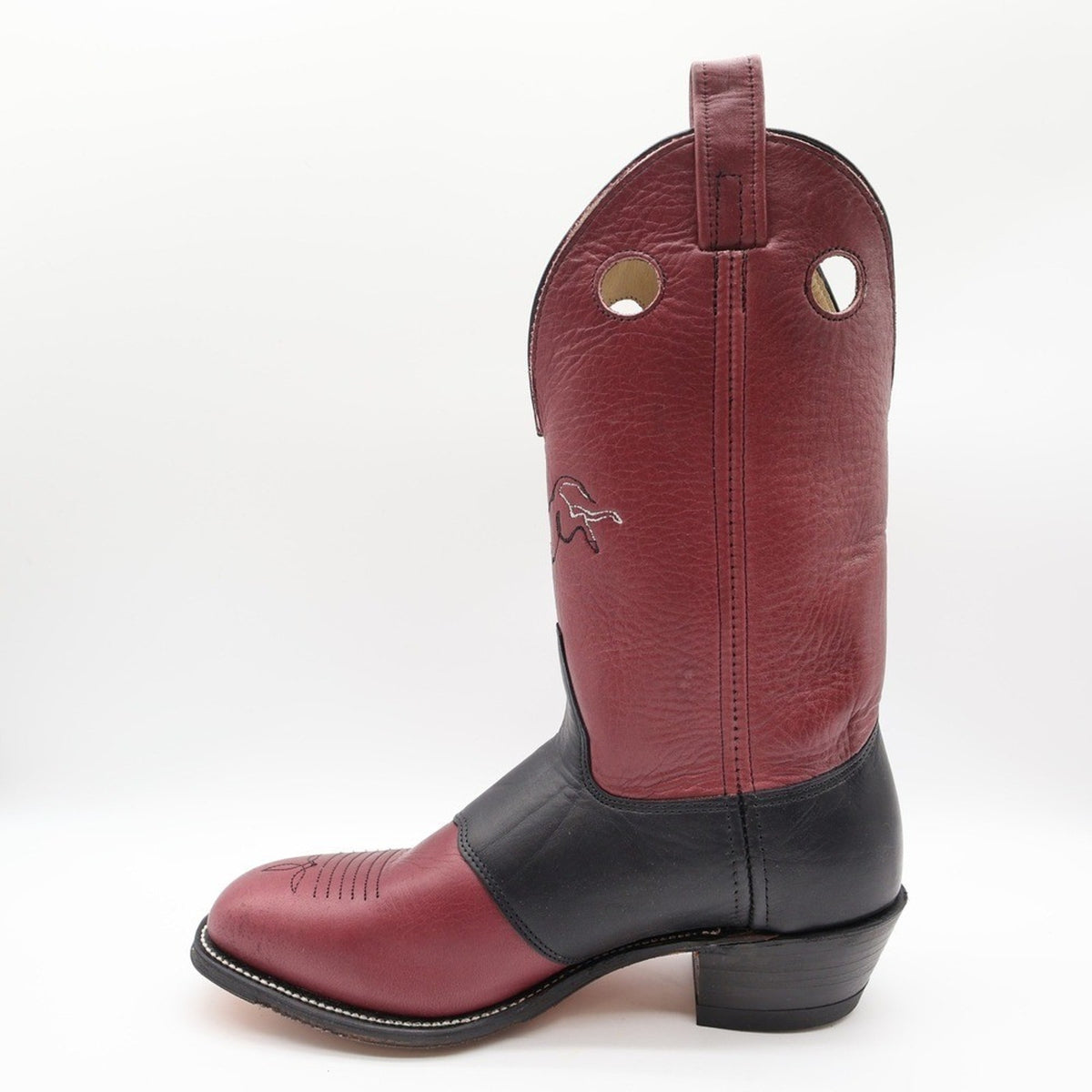 Inner side profile of Double-H burgundy and black leather cowboy boot with round toe