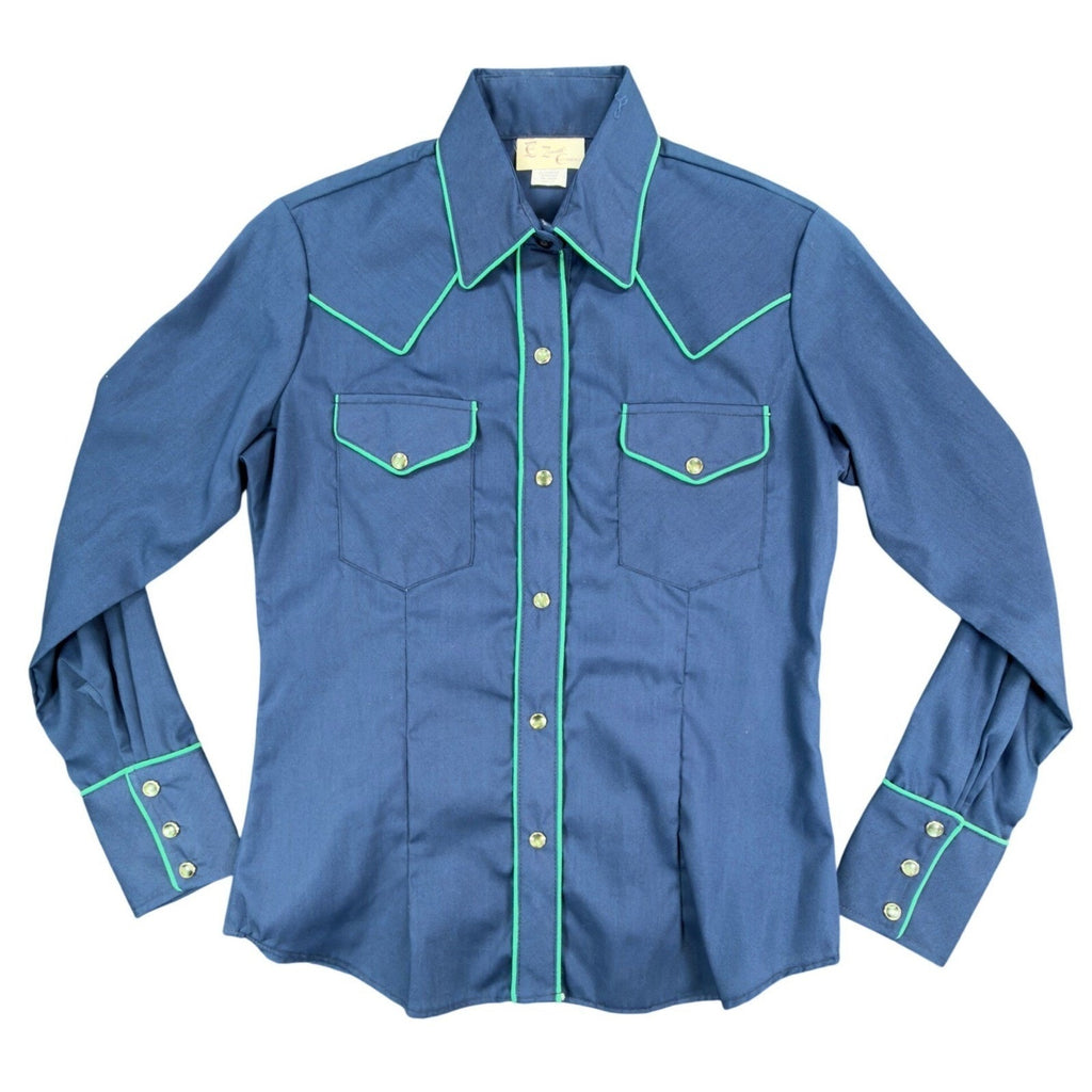 Zenith Evans Vintage 80s Shirt Womens 10 Blue Western Pearl Snap Green Piping