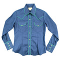 Zenith Evans Vintage 80s Shirt Womens 10 Blue Western Pearl Snap Green Piping