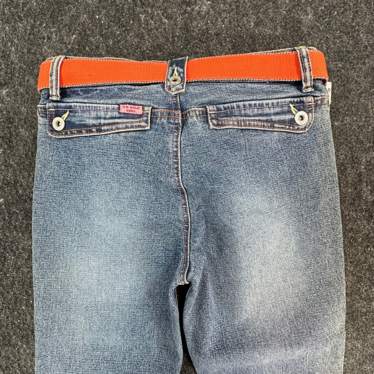 US Polo Assn Vintage Y2K Flare Jeans Girls 14 Blue Denim Orange Belt NWT
