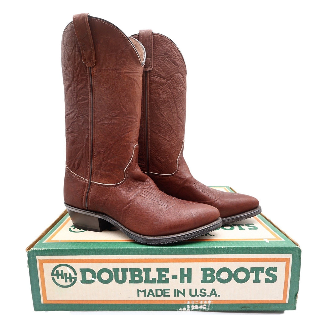 Double-H Vintage 80s Western Boots Mens 9 D Brown Leather Cowboy 5510 USA NIB