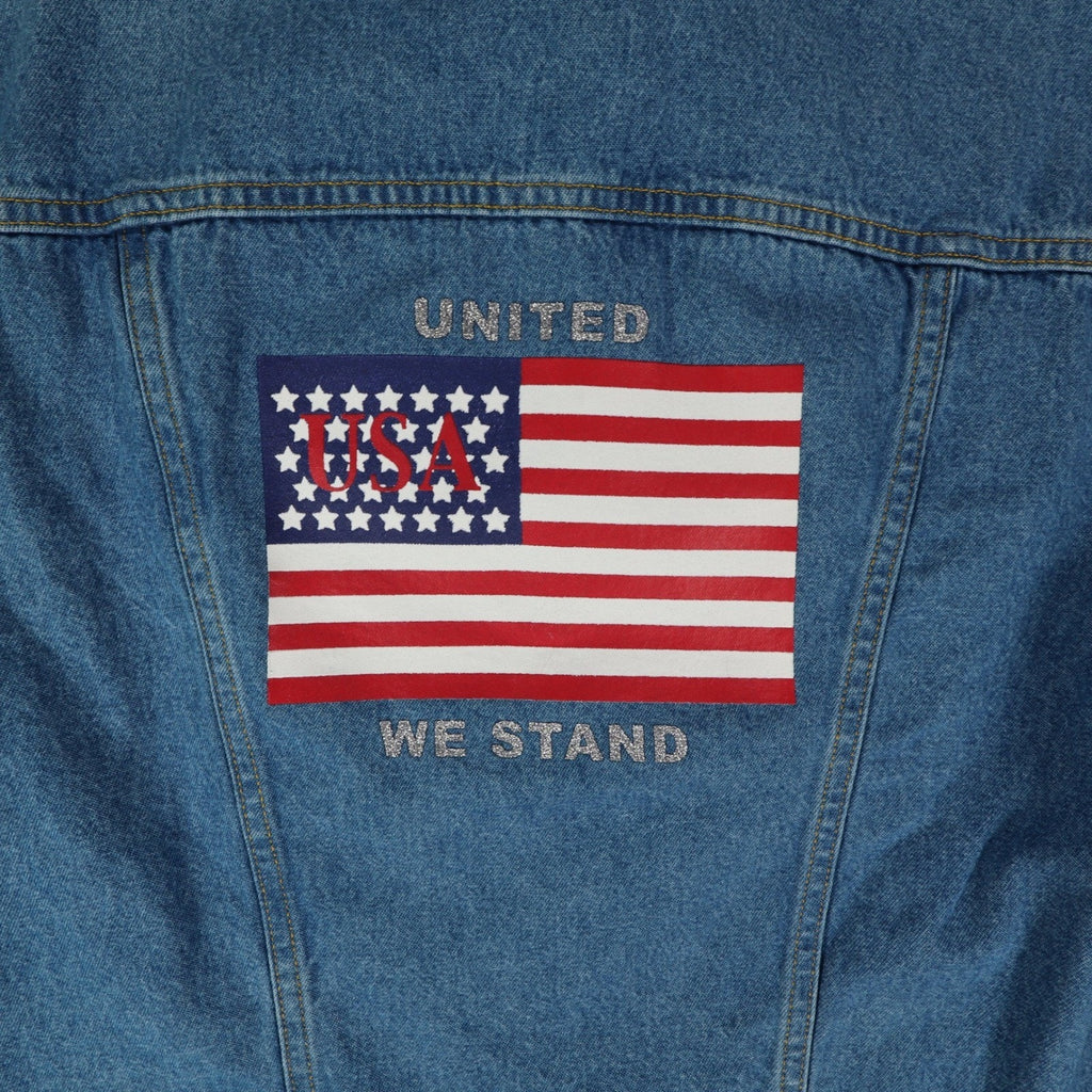 Tabloid Denim Jacket Medium Y2K Blue Cotton United We Stand USA Flag Graphic