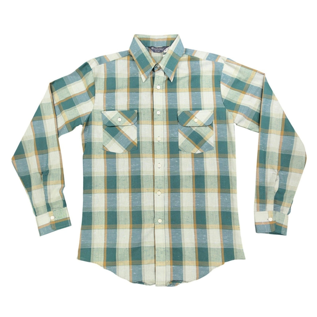 Cambridge Vintage 70s Plaid Button Up Shirt Mens M Green Tall Man NWT USA