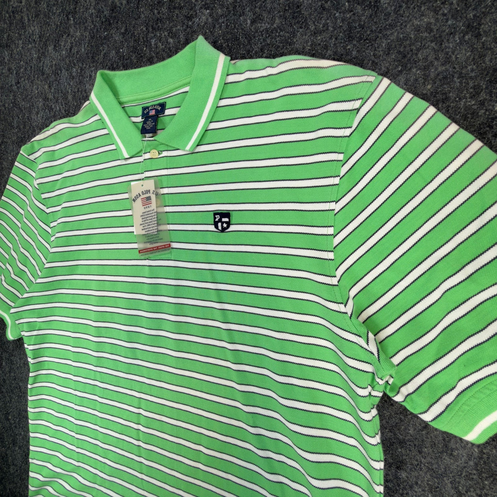 US Polo Assn Mens XL Polo Shirt Striped Green White Pique Short Sleeve NWT
