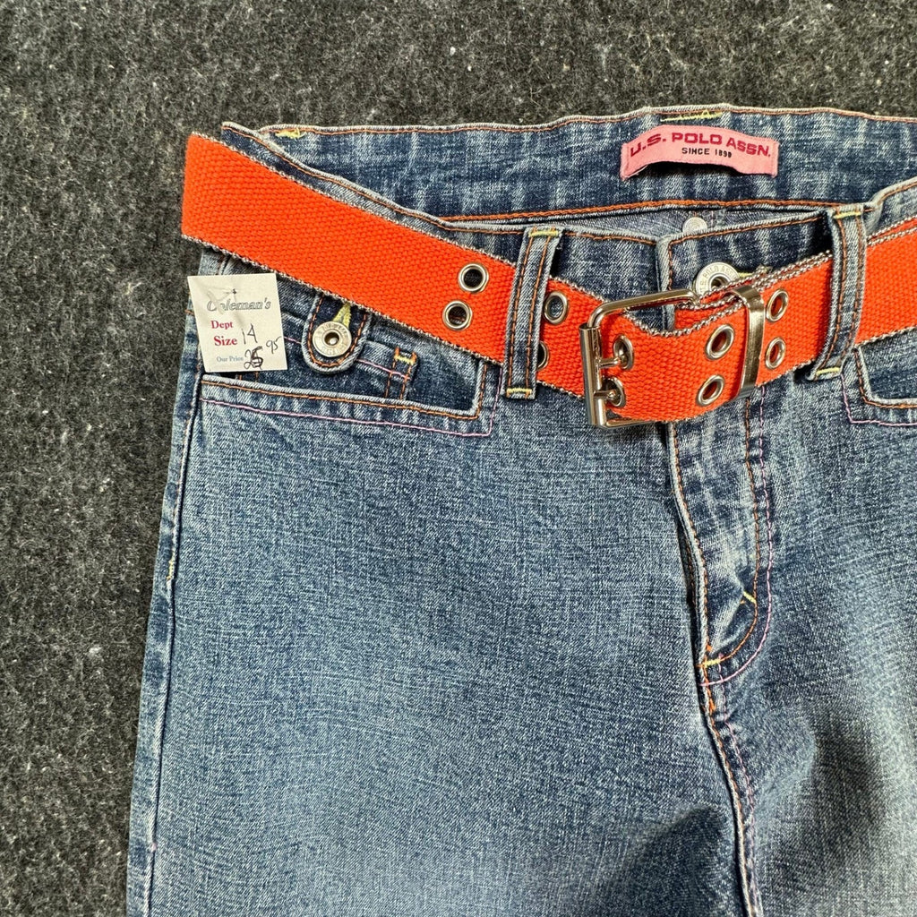 US Polo Assn Vintage Y2K Flare Jeans Girls 14 Blue Denim Orange Belt NWT