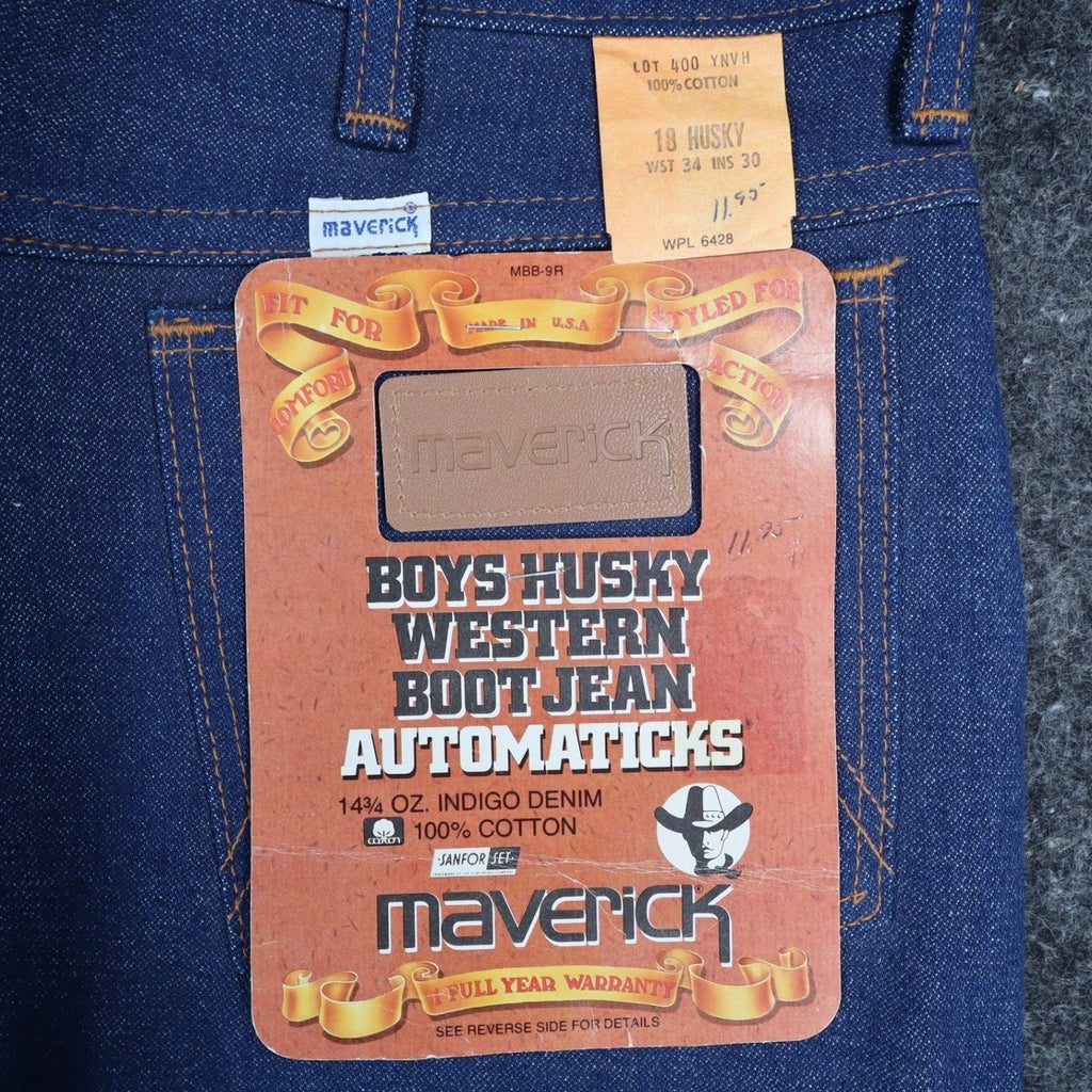 Maverick Western Boot Jean Boys Husky 18 W34 L30 Vintage USA Indigo Denim NOS