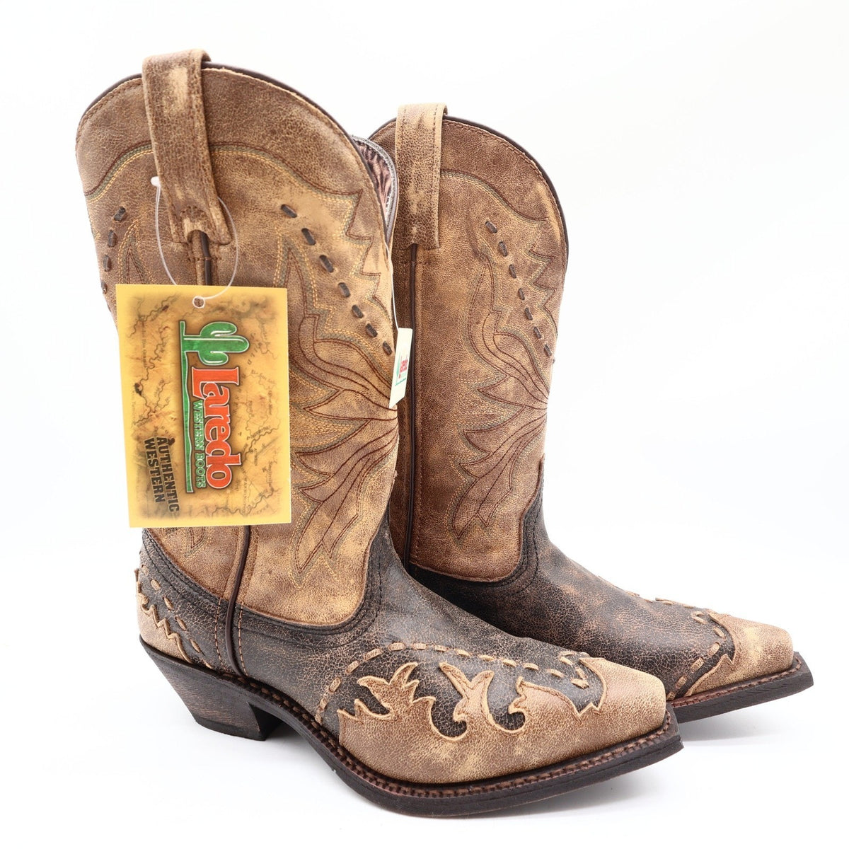Laredo Western Cowboy Boots Women 7.5 M Black Tan Laced Tip Leather NWT