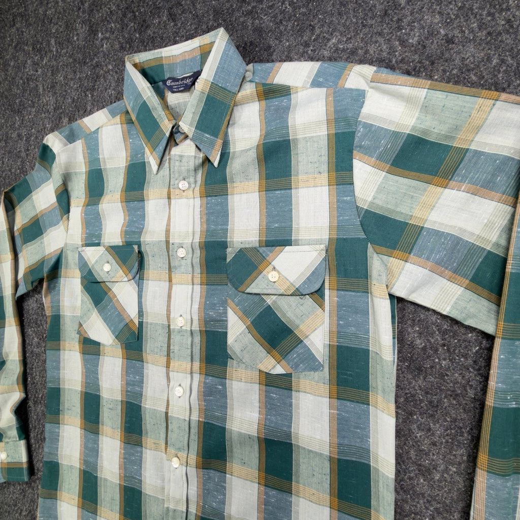 Cambridge Vintage 70s Plaid Button Up Shirt Mens M Green Tall Man NWT USA