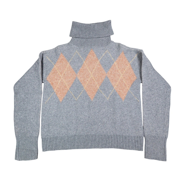 Hem & Thread Argyle Turtleneck Sweater Womens Medium Grey Peach Knit 30984 NEW