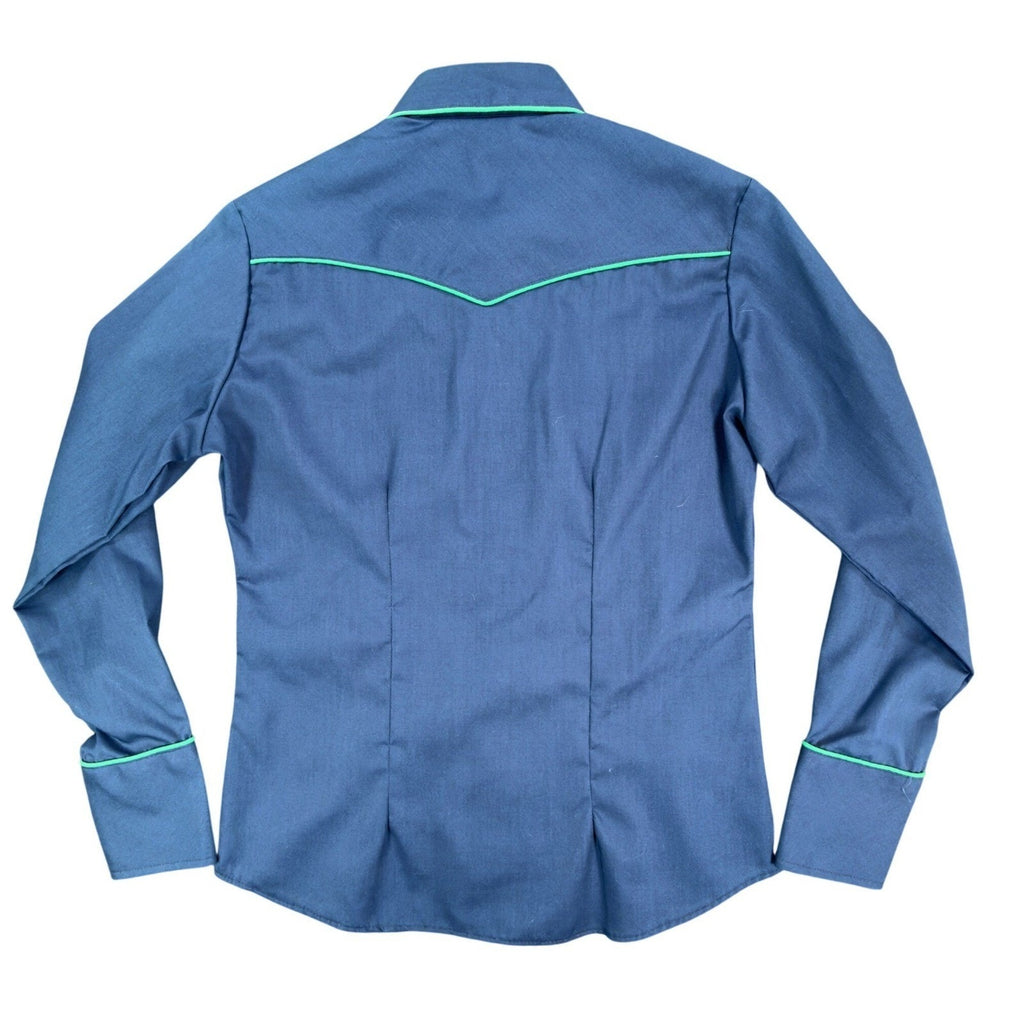 Zenith Evans Vintage 80s Shirt Womens 10 Blue Western Pearl Snap Green Piping