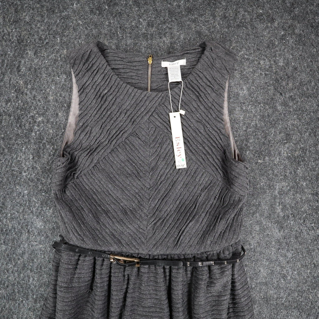 Esley Dress Womens Medium Gray Textured Pleated Sleeveless Belted Fit Flare New