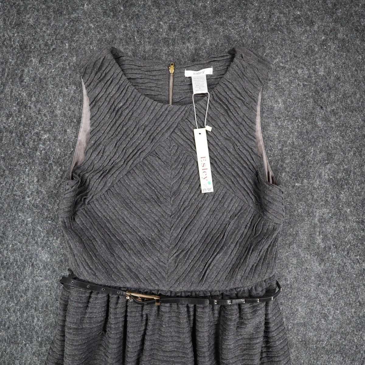 Esley Dress Womens Medium Gray Textured Pleated Sleeveless Belted Fit Flare New