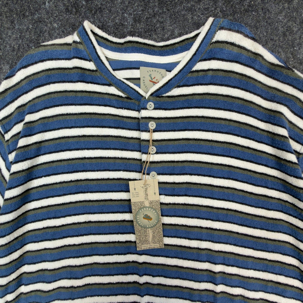 Ferruche Shirt Mens XL Henley Striped Short Sleeve Towel Terry Knit Blue NWT