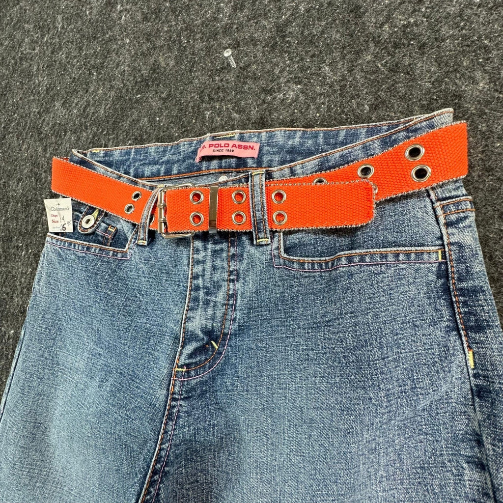 US Polo Assn Vintage Y2K Flare Jeans Girls 14 Blue Denim Orange Belt NWT