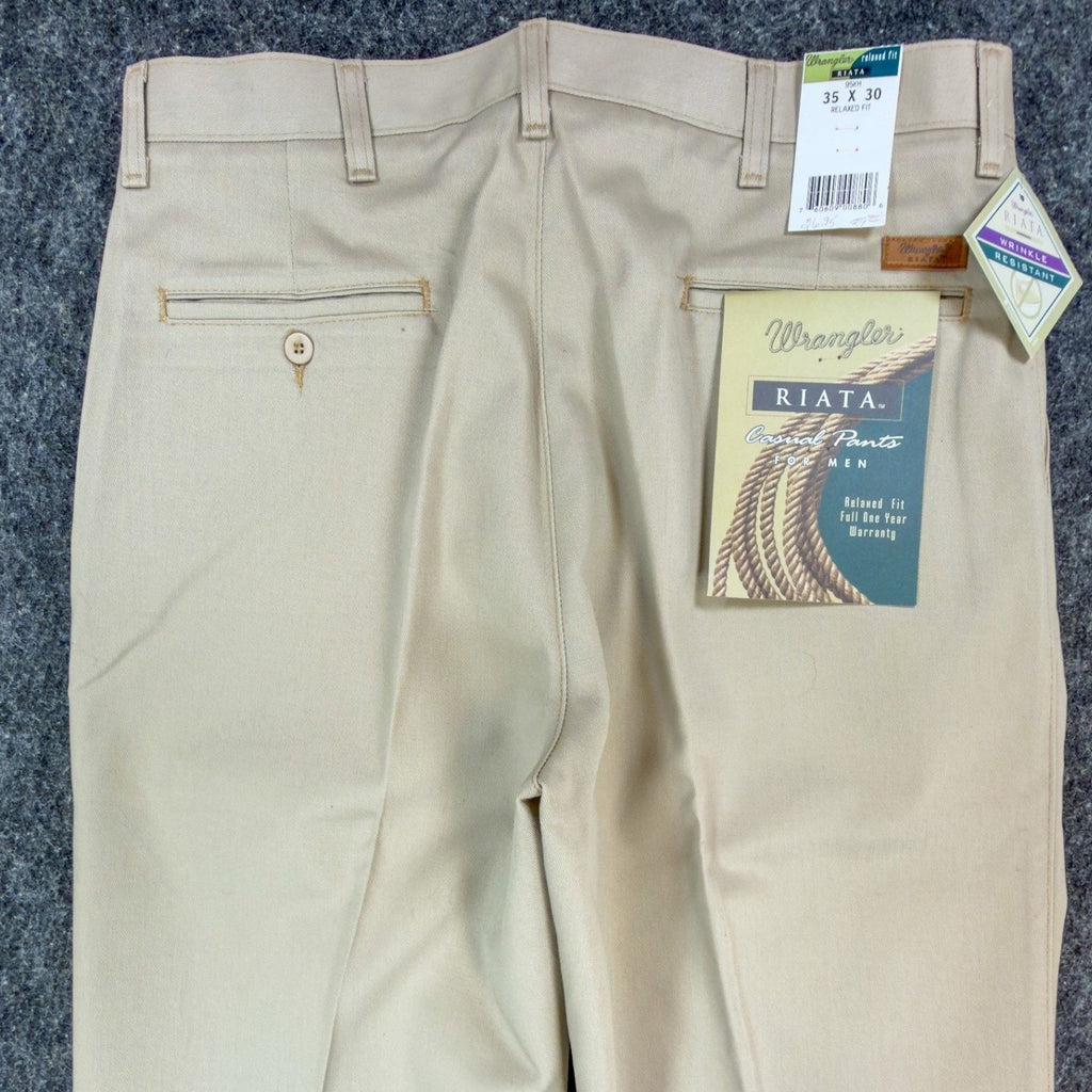 Wrangler Riata Pants Mens 35x30 Vintage 90s Khaki Cotton Relaxed Fit Pleated NEW