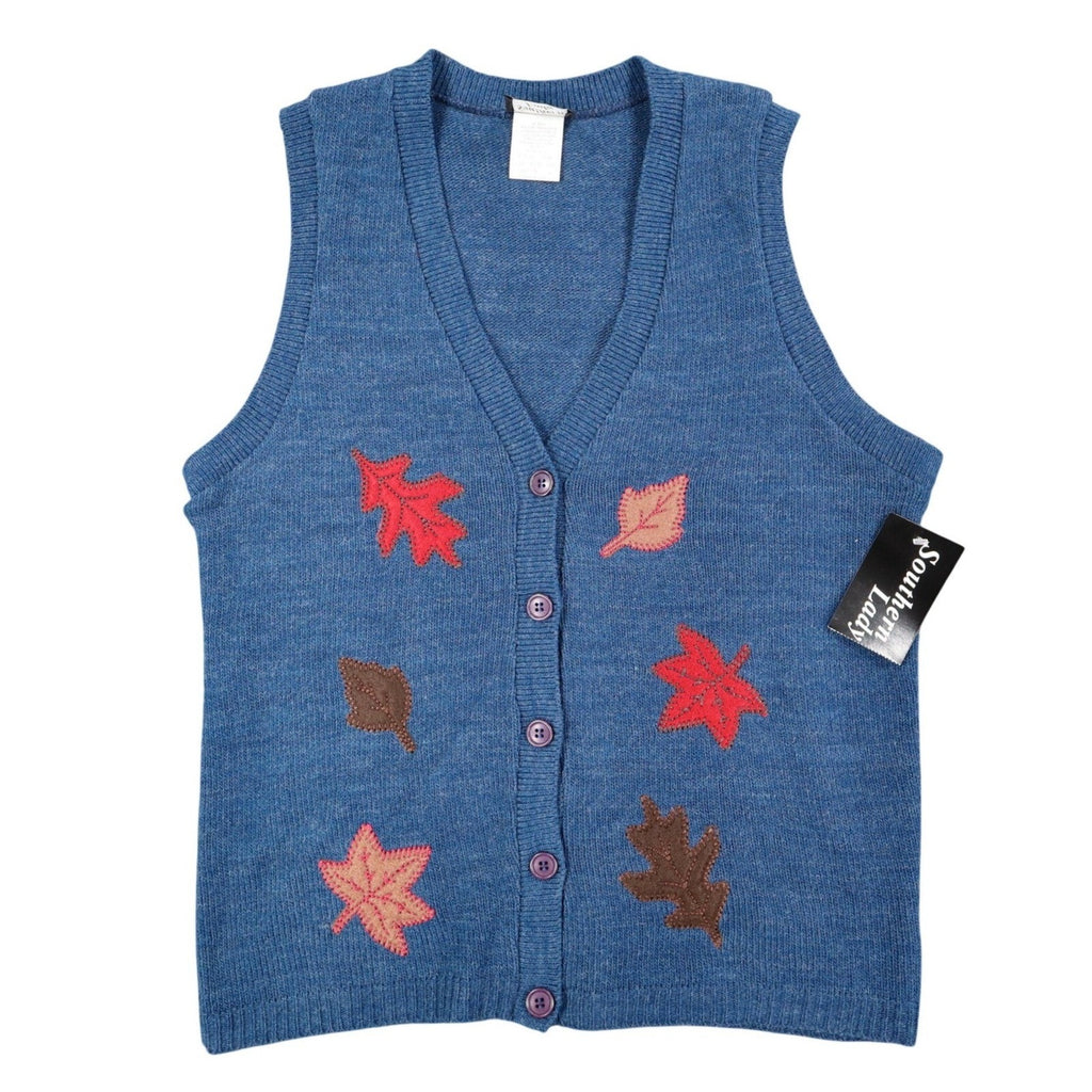 Southern Lady Sweater Vest Womens Small Vintage 90s Blue Leaf Knit Button Front