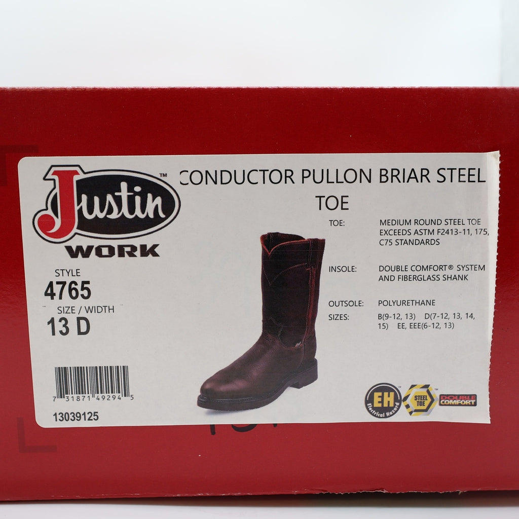 Justin Conductor 4765 Briar Steel Toe Pull-On Work Boots New With Tags Size 13 D