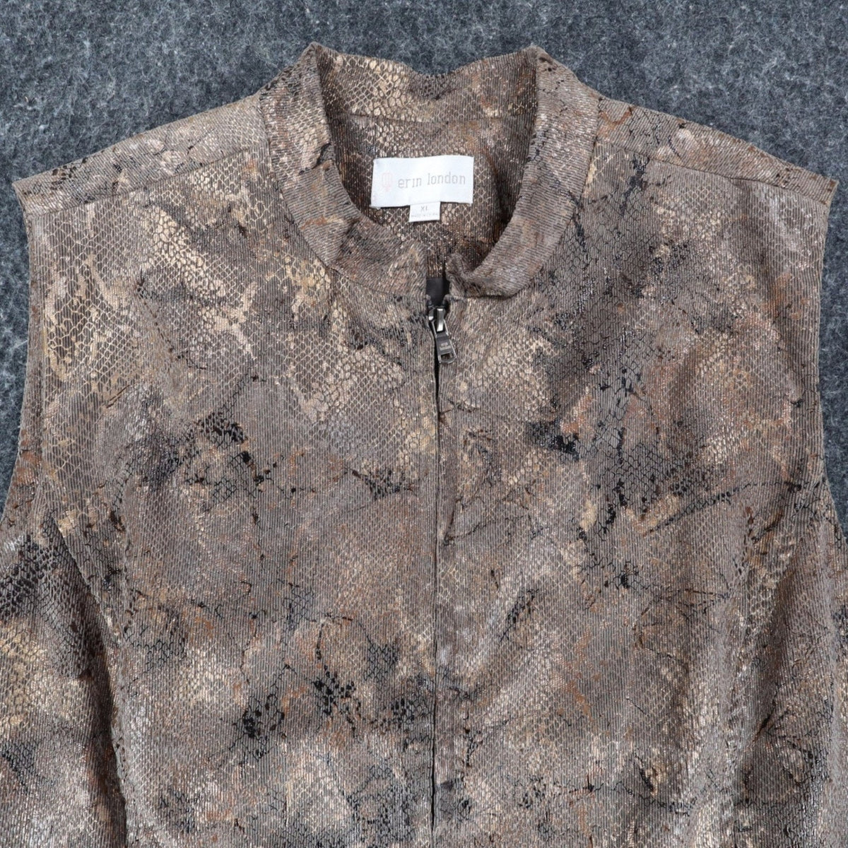 Erin London Vest XL Brown Metallic Snake Print Zip Up Mock Neck Sleeveless