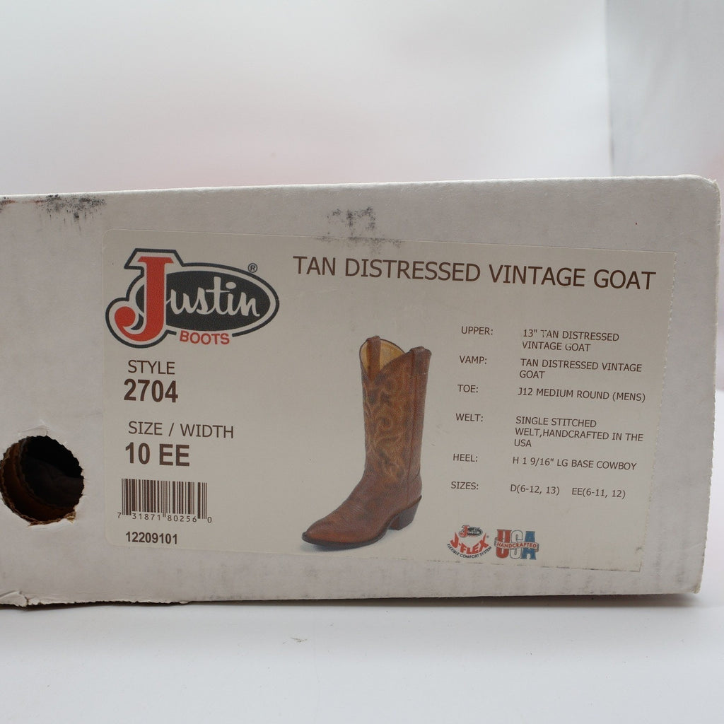 Justin 2704 Cowboy Boots Mens 10 EE Tan Distressed Vintage Goat Leather NWT