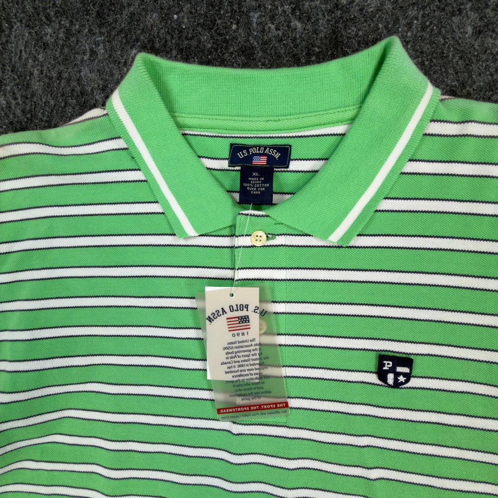 US Polo Assn Mens XL Polo Shirt Striped Green White Pique Short Sleeve NWT