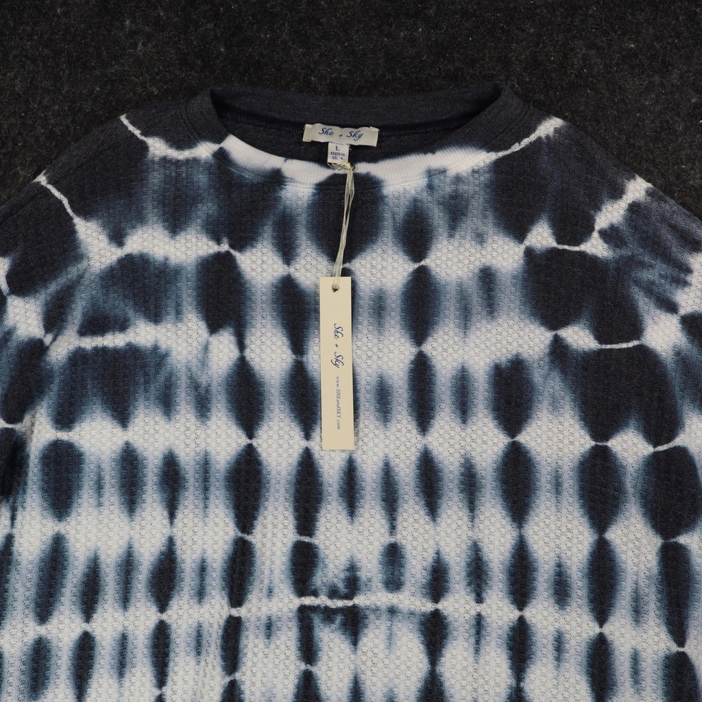 She + Sky Waffle Knit Top Womens Large Blue White Tie Dye Thermal Long Sleeve