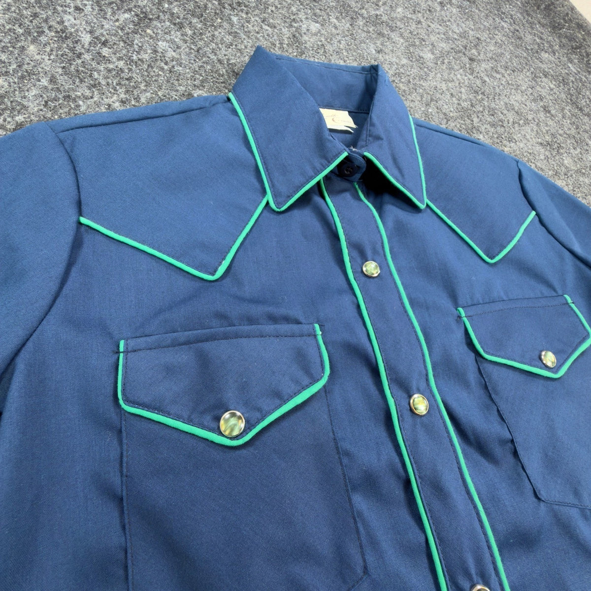 Zenith Evans Vintage 80s Shirt Womens 10 Blue Western Pearl Snap Green Piping