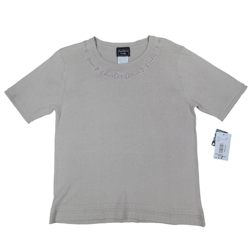 Southern Lady Sweater Womens Small NWT Y2K Buff Beige Embroidered Knit Top 122K