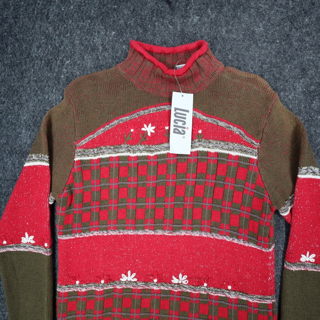 Lucia Sweater Womens Small Vintage 90s Red Green Floral Embroidered Mock Neck