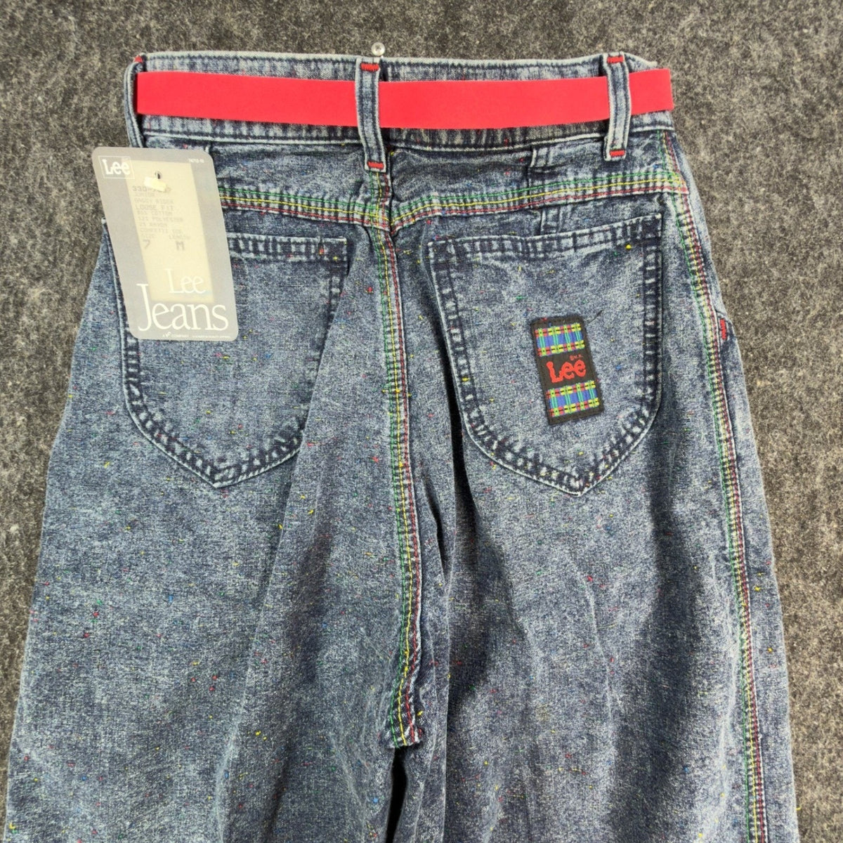 Lee Baggy Rider Jeans Junior 7 Vintage 90s Confetti Ice Acid Wash Pink Belt USA
