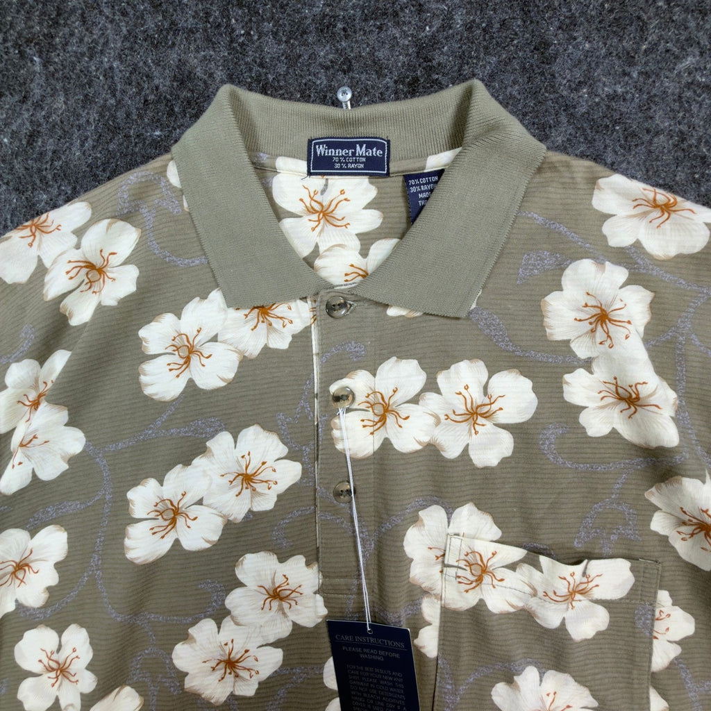 Winner Mate Polo Shirt Mens Large Vtg Floral Cotton Rayon Olive Green Deadstock