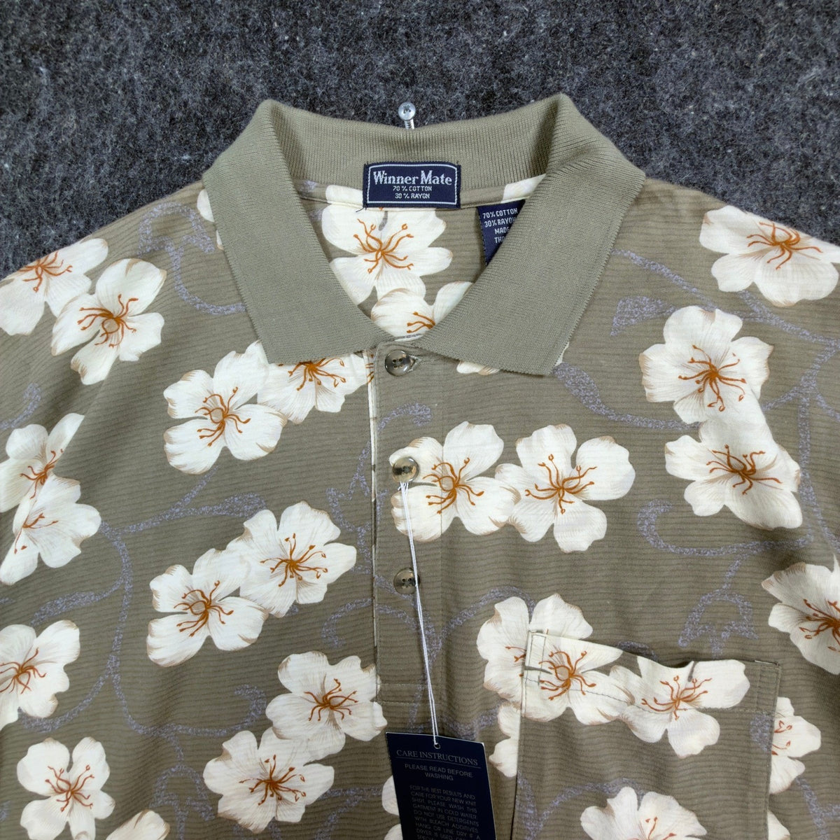 Winner Mate Polo Shirt Mens Large Vtg Floral Cotton Rayon Olive Green Deadstock