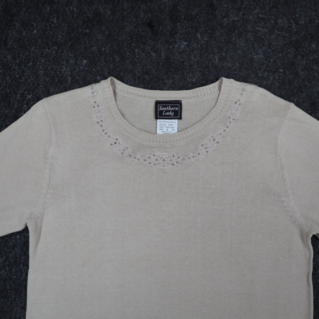 Southern Lady Sweater Womens Small NWT Y2K Buff Beige Embroidered Knit Top 122K