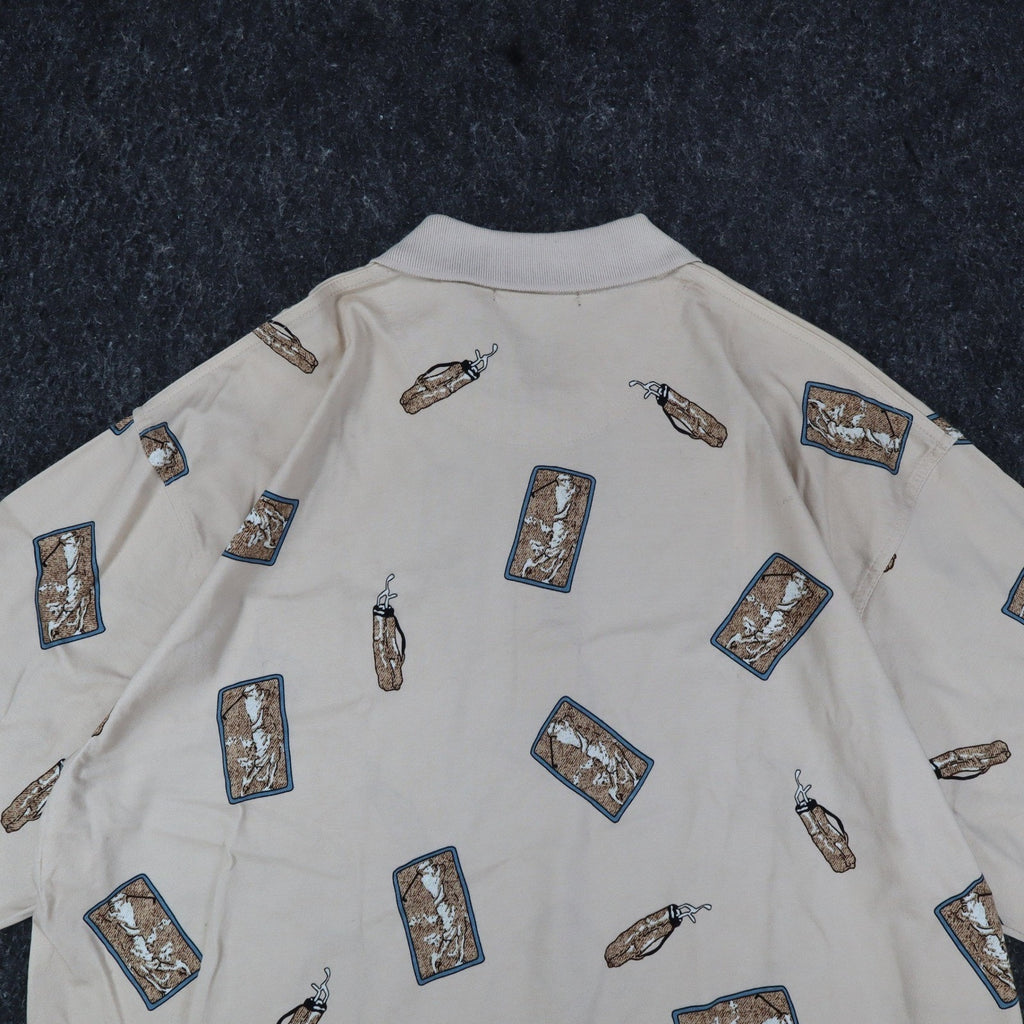 Aureus Polo Shirt Mens Large Vintage 90s Beige Mercerized Cotton Golf Print New