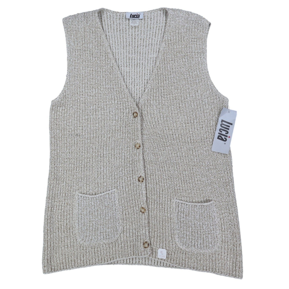 Lucia Sweater Vest Womens Medium Vintage 90s Beige Cotton Knit Button Front USA