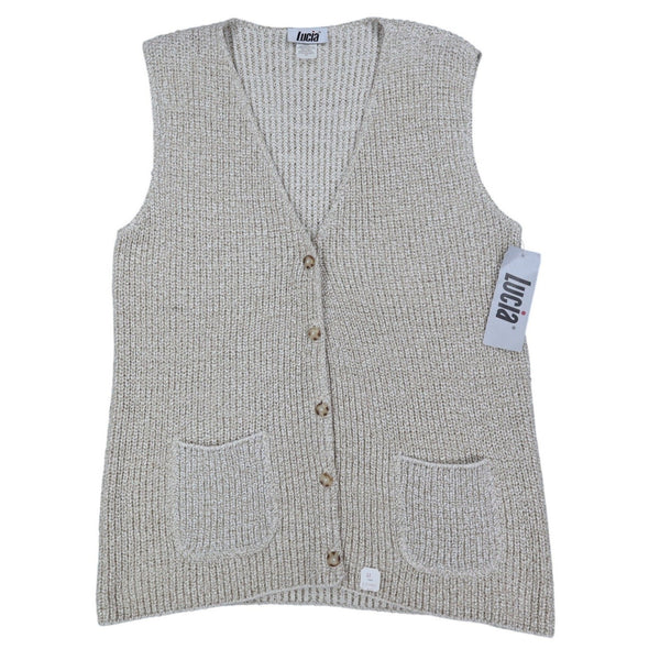 Lucia Sweater Vest Womens Medium Vintage 90s Beige Cotton Knit Button Front USA