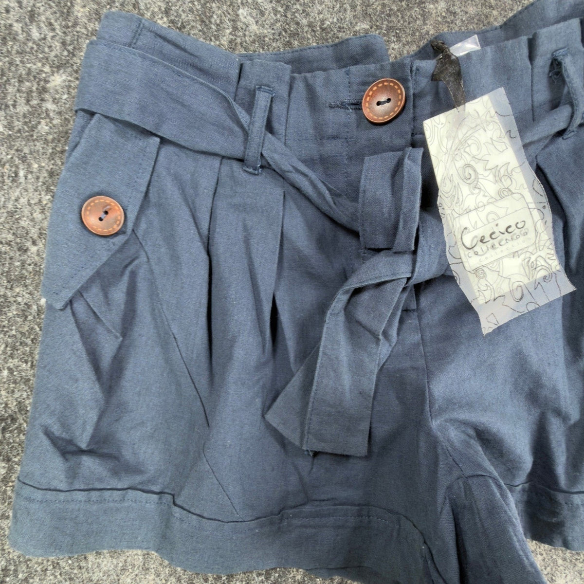 Cecico Modern Paperbag Shorts Womens M Blue Linen Cotton NWT