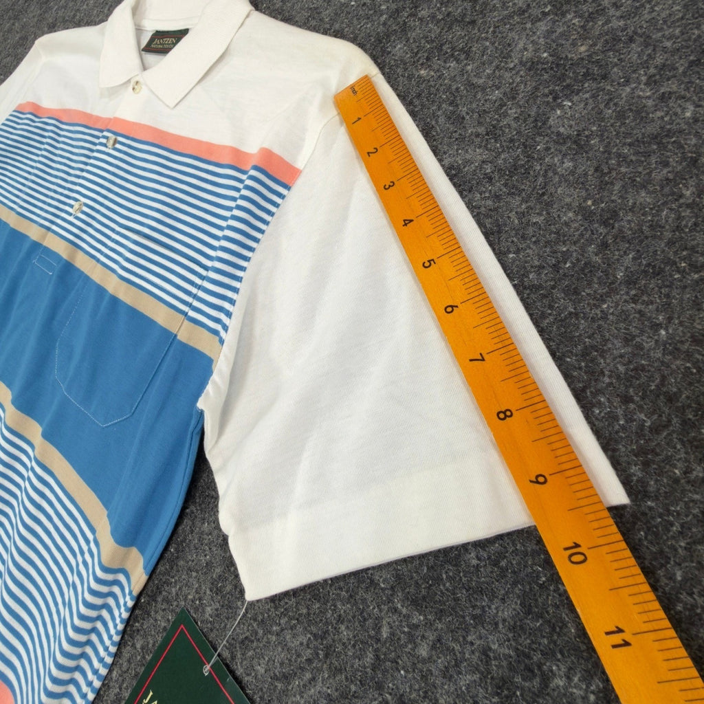 Jantzen Polo Shirt Mens Small Vintage 90s Mallard Blue Striped Pocket Deadstock