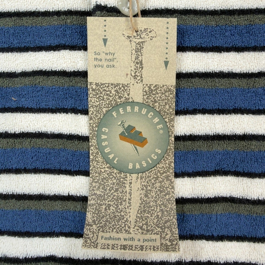 Ferruche Henley Shirt Mens Large Vintage 90s Indigo Blue Striped Cotton Terry