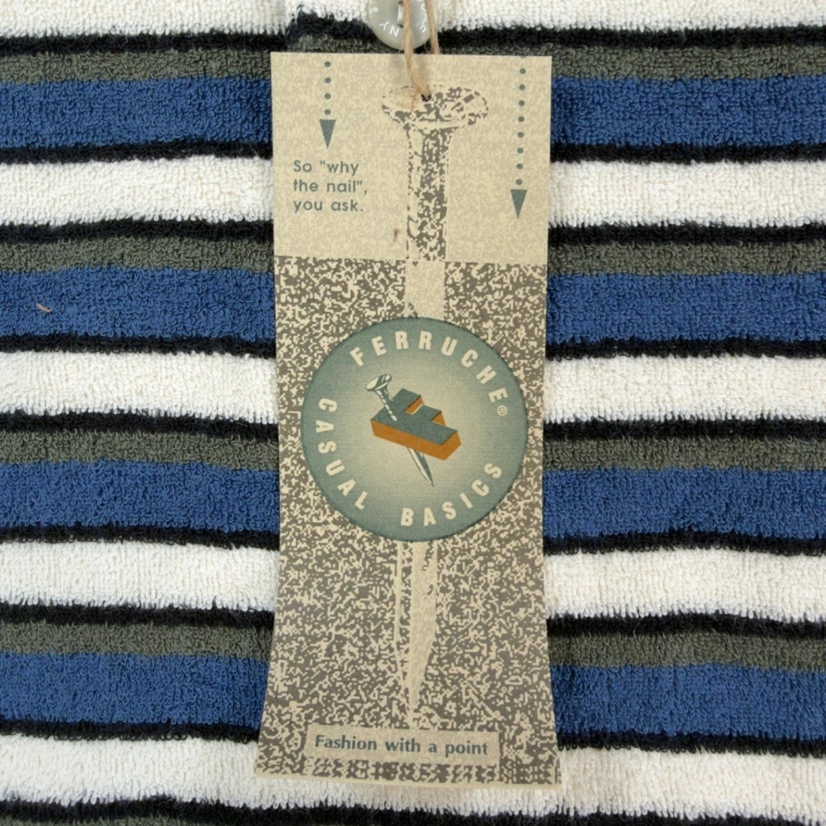 Ferruche Henley Shirt Mens Large Vintage 90s Indigo Blue Striped Cotton Terry