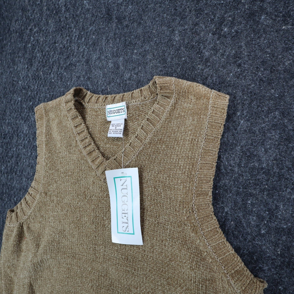 Nuggets Sweater Vest Small Vintage 90s Tan Acrylic V-Neck Ribbed Deadstock NWT