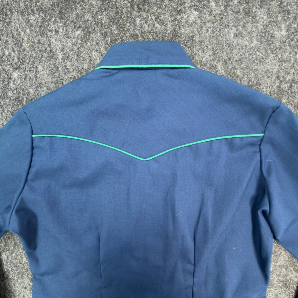 Zenith Evans Vintage 80s Shirt Womens 10 Blue Western Pearl Snap Green Piping