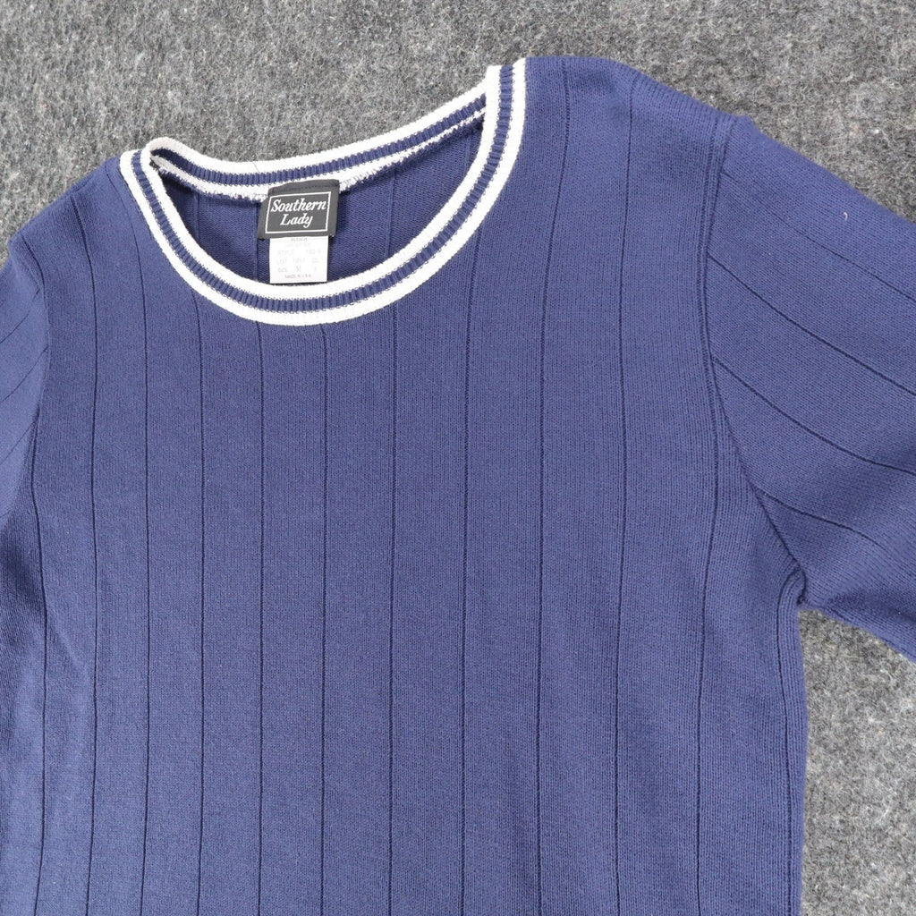 Southern Lady Short Sleeve Sweater Womens M Vintage Navy Blue Ribbed Knit NWT